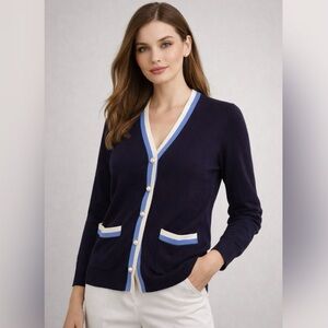 Talbots Navy Cardigan Pearl Buttons Contrast Trim Cashmere Blend LP